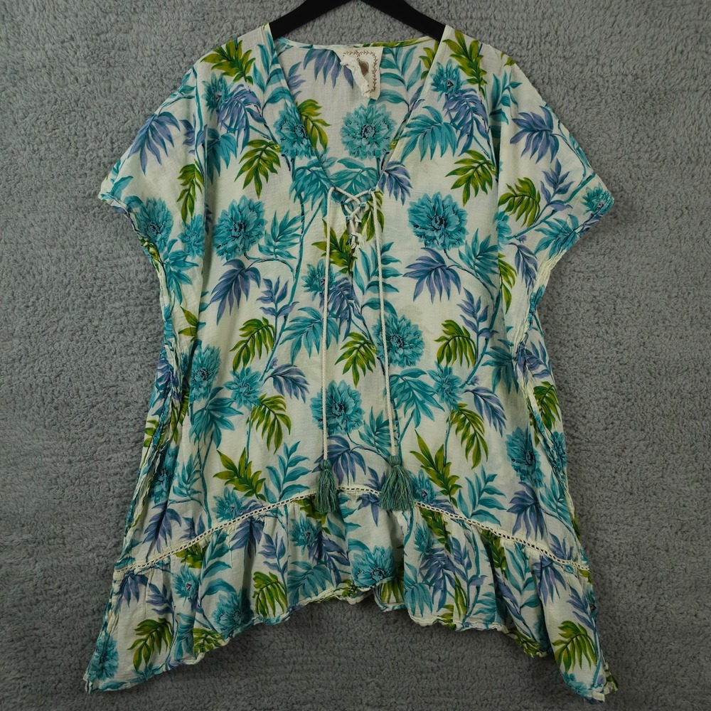 Z&L Cover Up Womens OS Blue Green Leaf Print Pullover Kaftan Swim Anthropologie